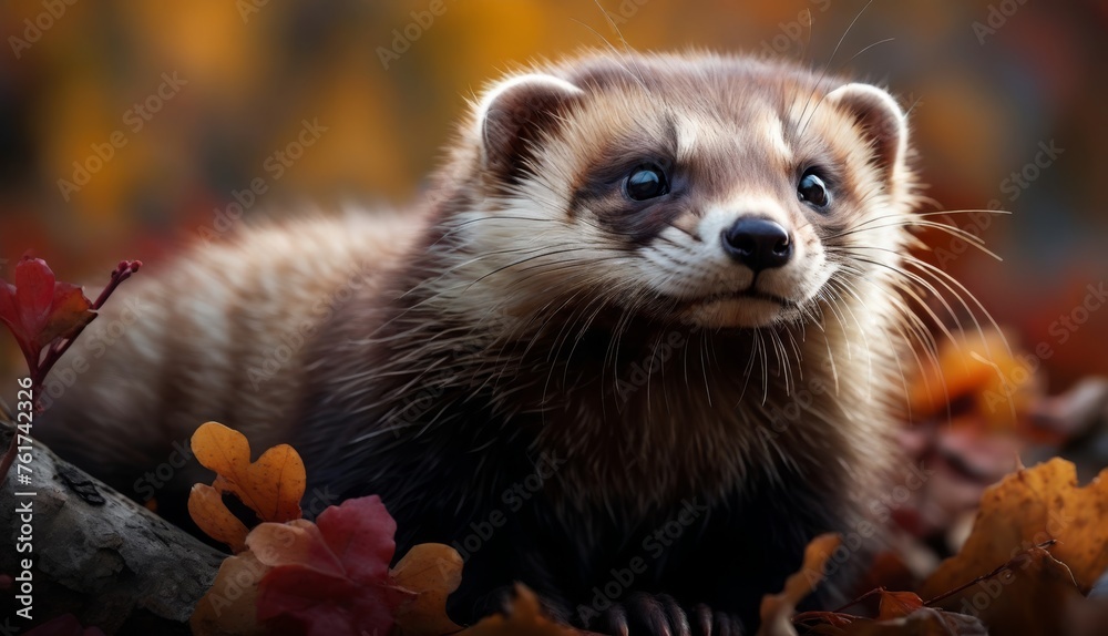  a close up of a raccoon in a pile of leaves with a blue eyed look on its face.