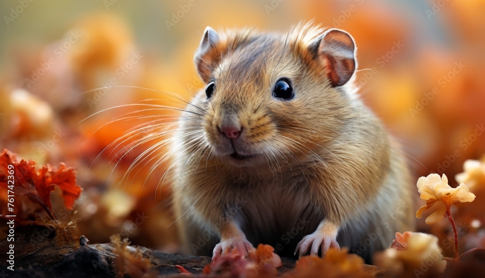 a close up of a small rodent in a field of grass and leaves with a blurry background of orange and yellow leaves. a close up of a small rodent in a field of grass and leaves with a blurry background of orange and yellow leaves.