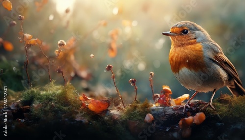  a small bird sitting on top of a moss covered forest floor next to a forest filled with orange and yellow flowers.