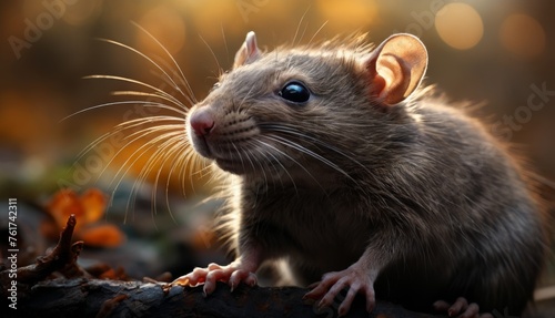  a close up of a rodent on a log looking at the camera with a blurry background of leaves and flowers. © Jevjenijs
