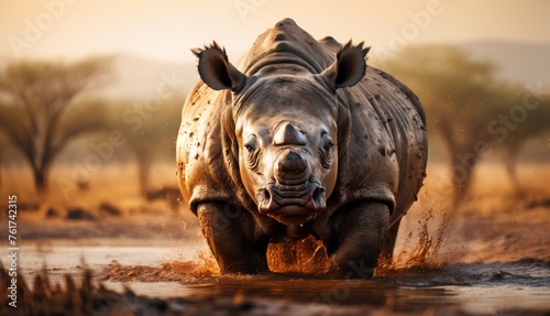  a rhinoceros walking through a body of water with trees in the background and a sunset in the background.