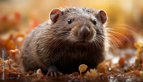  a close up of a rodent on the ground with leaves on it's side and a blurry background.