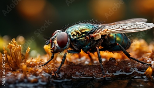  a close up of a fly sitting on a piece of grass with drops of water on it's wings.