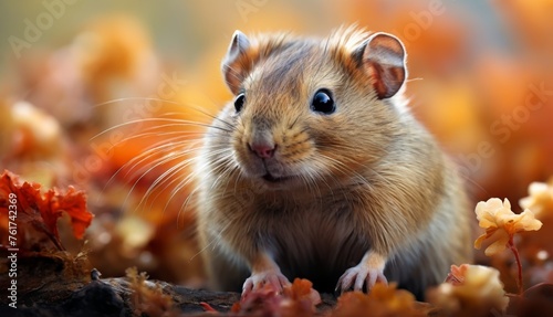  a close up of a small rodent in a field of grass and leaves with a blurry background of orange and yellow leaves.
