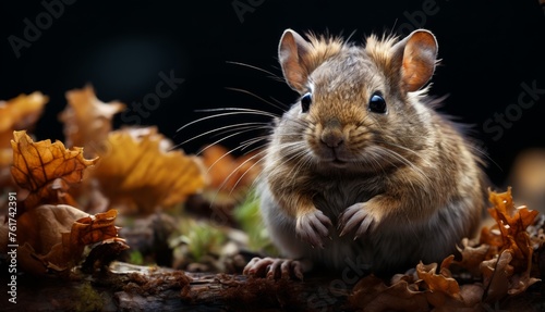  a close up of a rodent sitting on a tree branch with leaves on the ground in front of it. © Jevjenijs