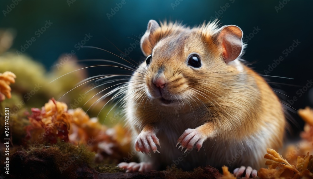 a close up of a small rodent on a bed of moss and lichen with a blurry background. a close up of a small rodent on a bed of moss and lichen with a blurry background.