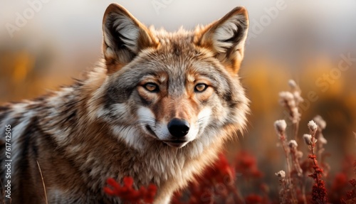  a close up of a wolf in a field of grass and flowers with red flowers in the foreground and a blurry background.