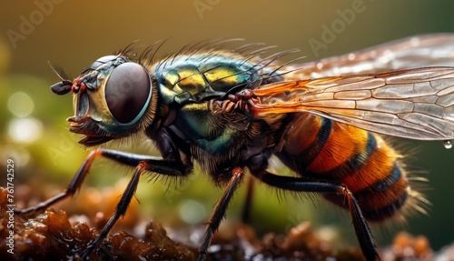  a close up of a fly sitting on top of a piece of wood with drops of water on its wings.
