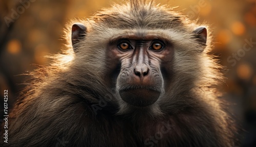  a close up of a monkey's face with a blurry background of trees in the foreground and a blurry background of leaves in the background. © Jevjenijs