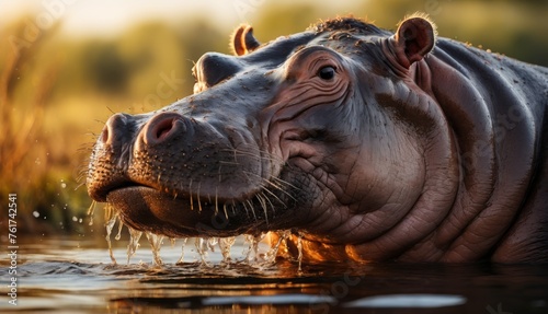  a close up of a hippopotamus in a body of water with grass and trees in the background. © Jevjenijs