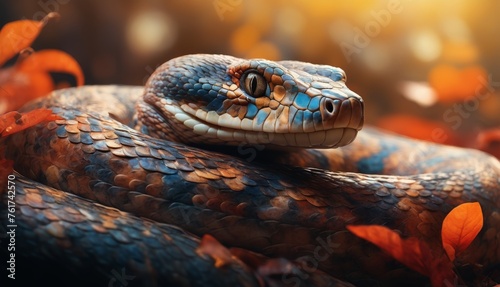  a close up of a snake's head on a branch with leaves in the foreground and a blurry background.