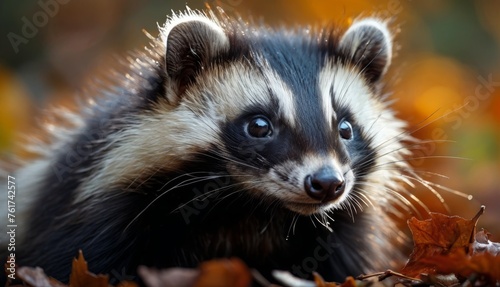  a close up of a raccoon with leaves in the foreground and a blurry background of leaves in the foreground.