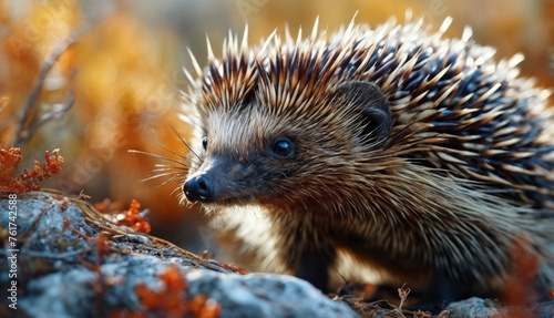  a close up of a porcupine on a rocky surface with plants in the foreground and a blurry background.