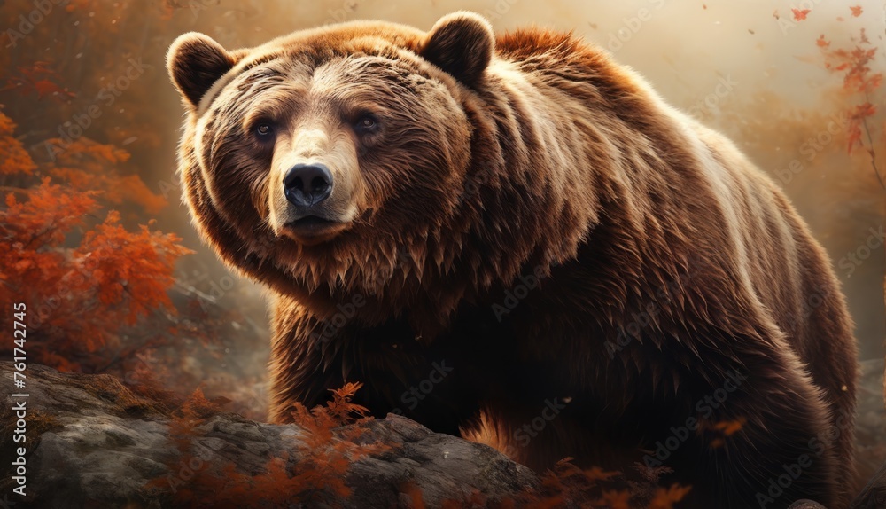  a large brown bear standing on top of a pile of dirt next to a forest filled with red and orange leaves.