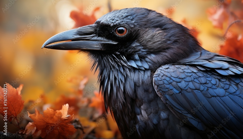 Fototapeta premium a close up of a black bird sitting on a tree branch with autumn leaves around it and a blurry background.