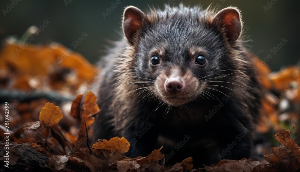 a close up of a small animal in a pile of leaves with a blurry background of leaves on the ground. a close up of a small animal in a pile of leaves with a blurry background of leaves on the ground.