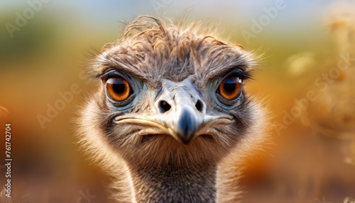  a close up of an ostrich's face with a blurry background of grass and trees in the background.