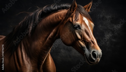  a close up of a horse's head with its head turned to the side, against a dark background.