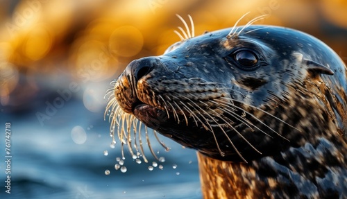  a close up of a seal on a body of water with it's head above the water's surface.