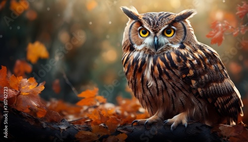  an owl sitting on top of a tree branch in front of a forest filled with orange and yellow autumn leaves. © Jevjenijs