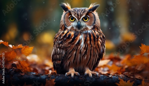  a close up of an owl sitting on a tree branch in a forest with lots of leaves on the ground. © Jevjenijs