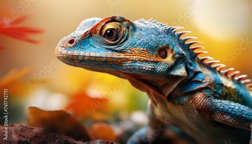  a close up of a blue and orange lizard on a rock with a blurry background of leaves and flowers.