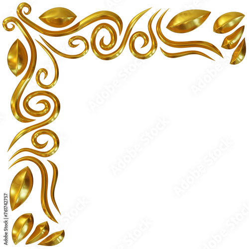 Golden corner decoration grasses and leaves shape. 3d rendering.