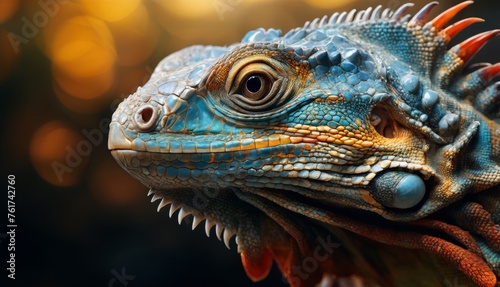  a close up of an iguana s head with a blurry background of boke of light.