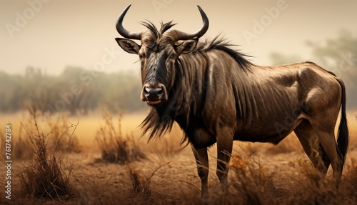  a wildebeest standing in a field with long horns on it's head and it's hair blowing in the wind.