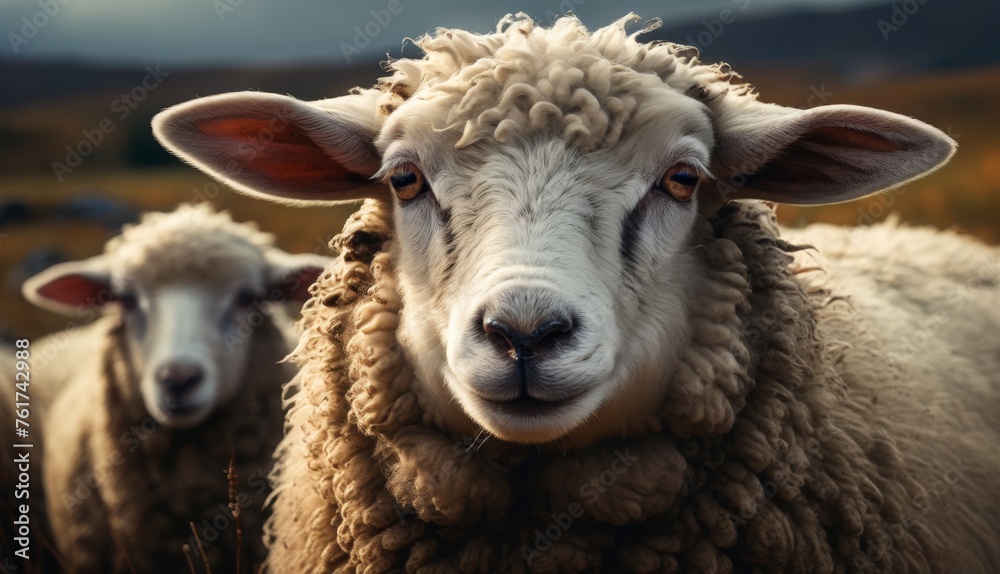 a couple of sheep standing next to each other on a lush green field with a cloudy sky in the background. a couple of sheep standing next to each other on a lush green field with a cloudy sky in the background.
