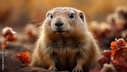  a groundhog standing on its hind legs in a field of red and orange flowers, looking at the camera with a curious look on its face.