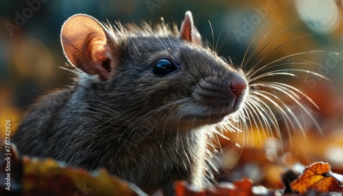  a close up of a rodent with a leaf in the foreground and a blurry background of leaves in the foreground. © Jevjenijs