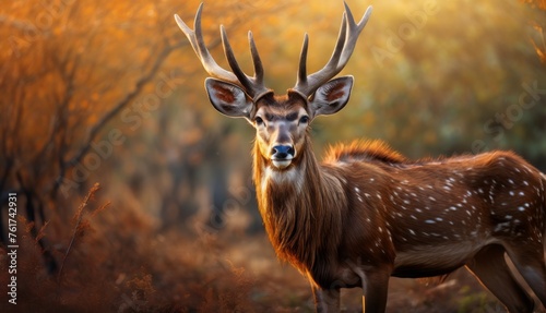  a close up of a deer with antlers on it's head in a wooded area with trees in the background. © Jevjenijs