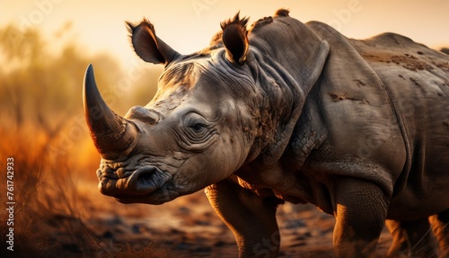  a close up of a rhino s face with a dirt field in the background and trees in the background.