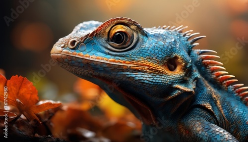  a close up of a blue and orange lizard with a leaf in the foreground and a blurry background. © Jevjenijs