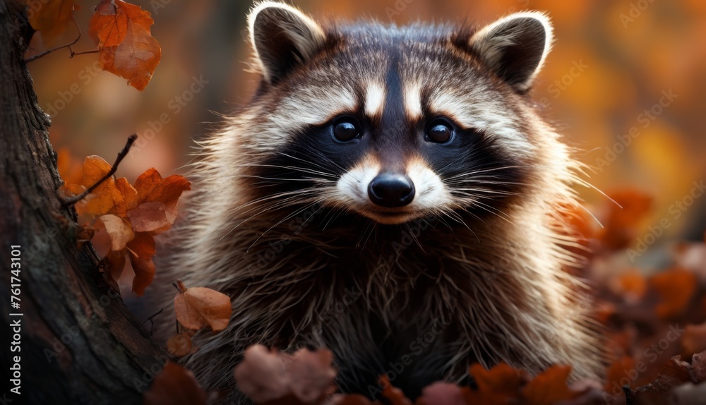  a raccoon is looking at the camera while standing in a leafy area with a tree in the background.