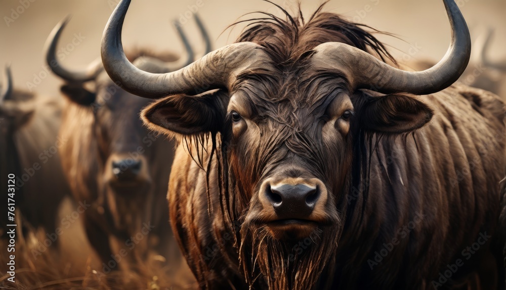 a herd of long horn cattle standing on top of a dry grass covered field in front of a cloudy sky. a herd of long horn cattle standing on top of a dry grass covered field in front of a cloudy sky.