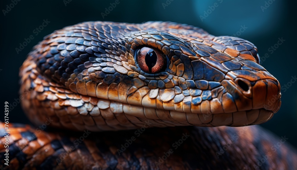 a close - up of a snake's head with a blurry background of blue, orange, and brown colors. a close - up of a snake's head with a blurry background of blue, orange, and brown colors.