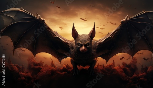  a bat sitting on top of a pile of bats in front of a sky with bats flying in the background.