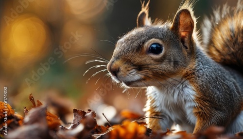 a close up of a squirrel on the ground with leaves in the foreground and blurry in the background.