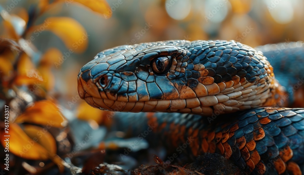 a close - up of a blue and orange snake's head, with yellow leaves in the foreground. a close - up of a blue and orange snake's head, with yellow leaves in the foreground.