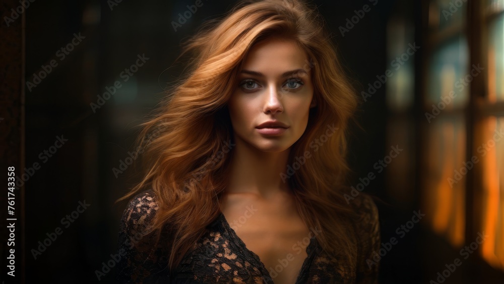 a woman with long red hair standing in front of a window with sunlight coming through the window panes on her face. a woman with long red hair standing in front of a window with sunlight coming through the window panes on her face.