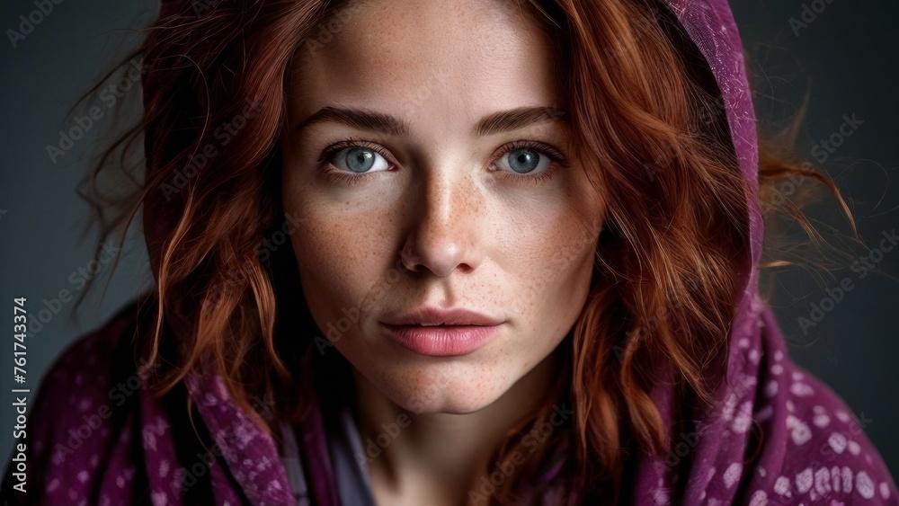 a woman with red hair wearing a purple hoodie and looking at the camera with a serious look on her face. a woman with red hair wearing a purple hoodie and looking at the camera with a serious look on her face.