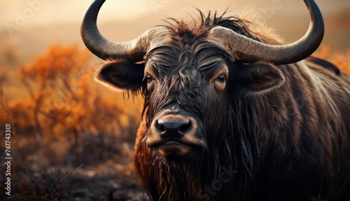  a close up of a bull with large horns in a field of dry grass and yellow flowers in the background.