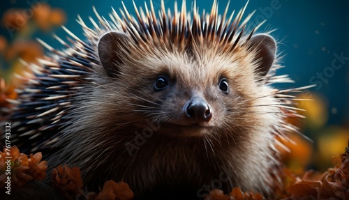  a close - up of a porcupine looking at the camera with a blurry background of flowers in the foreground.