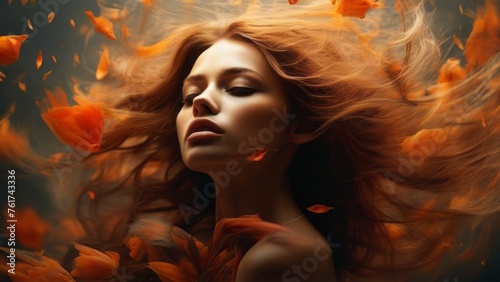  a woman with her hair blowing in the wind with orange petals falling from her face and her hair blowing in the wind.