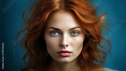  a close up of a woman s face with red hair and freckled freckled freckled hair.