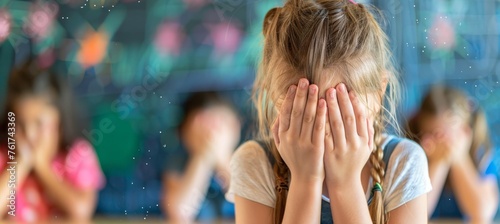 Distressed schoolgirl in corridor, facing learning challenges, blurred background with text space