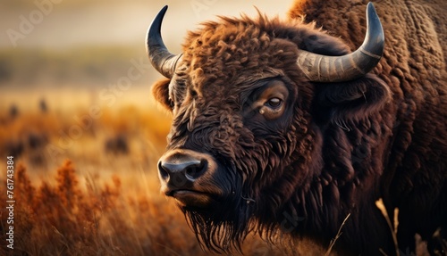  a close up of a bison in a field of tall grass with a blurry sky in the back ground.