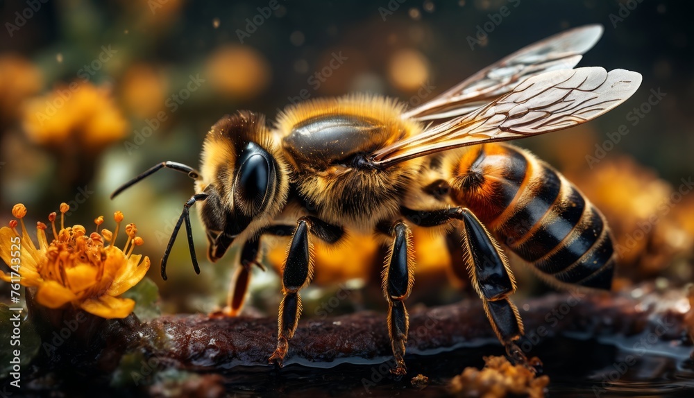 a close up of a bee on a branch with a flower in the foreground and a body of water in the background. a close up of a bee on a branch with a flower in the foreground and a body of water in the background.